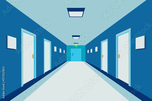 empty corridor with blue windows