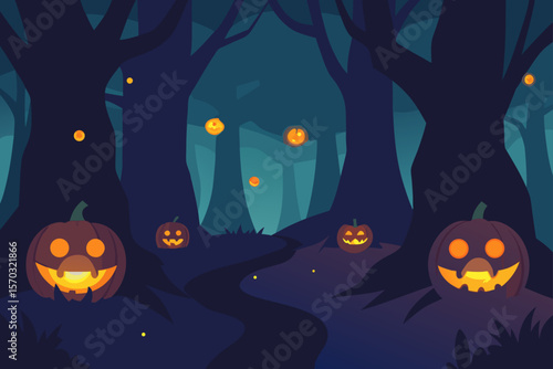 Enchanted Halloween Forest Spooky Pumpkins and Glowing Lights
