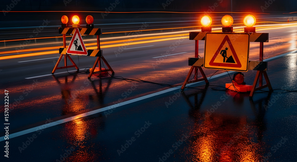 Fototapeta premium Roadwork Ahead Safety Caution During Highway Night Construction With Light Trails