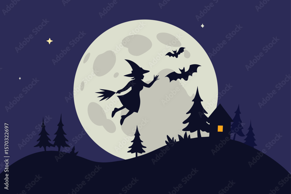 Fototapeta premium Silhouette of a Witch Flying on a Broomstick under the Full Moon Halloween Night Illustration