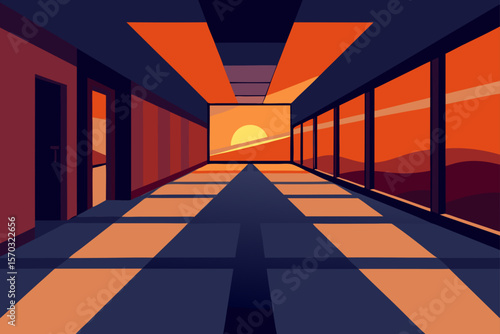Sunset Corridor A Stunning Architectural Illustration of a Long Hallway with a Breathtaking View