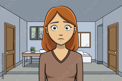Worried Woman in a Living Room Setting with Concerned Expression