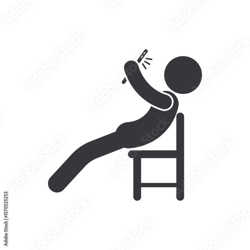 Isolated pictogram of a relaxed person lounging on a chair while using a smartphone, symbolizing laziness, casual attitude, and phone addiction behavior.