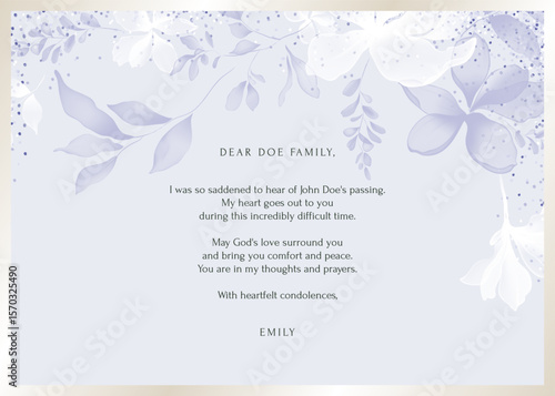 Floral condolence card template, featuring white and purple flowers along with various leaves on a pale purple background