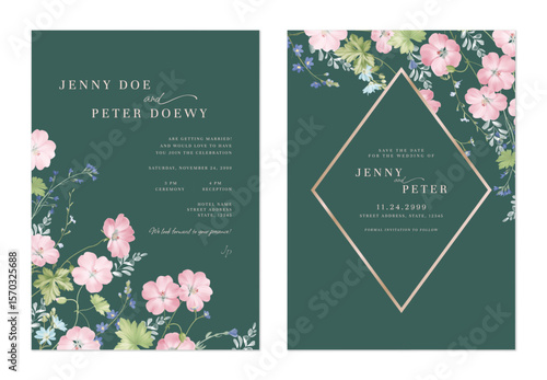 Wedding invitation and save the date template set of elegant Geranium Mavis Simpson flowers and wildflowers on a dark green background