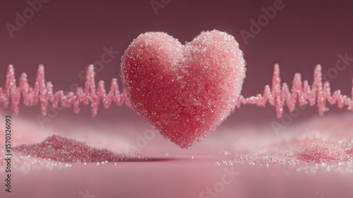 Sugar-coated heart floating over a jagged mental health graph, emotional fluctuations from sugar intake, copy space.