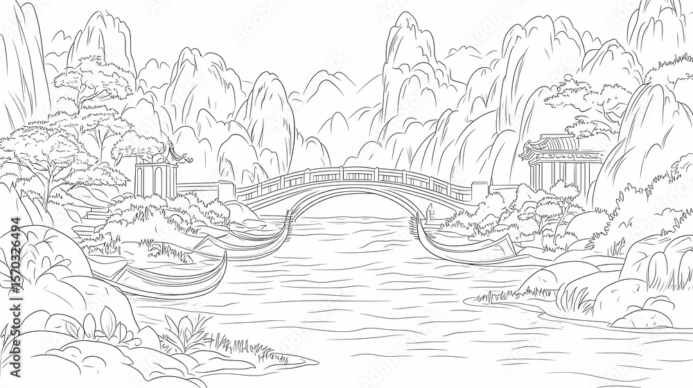 Obraz premium Line drawing of a serene asian landscape with mountains, a bridge and boats.