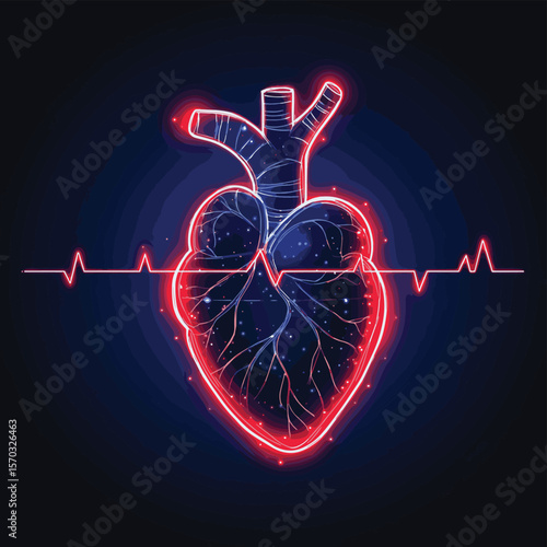 Abstract blue human heart with red cardio pulse line and red circle. Healthcare medical concept, vector style simple color