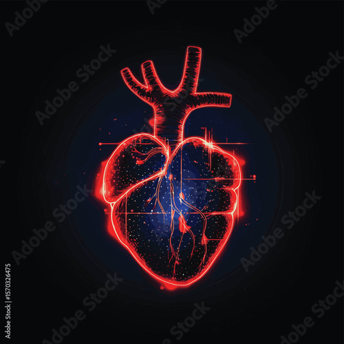 Abstract blue human heart with red cardio pulse line and red circle. Healthcare medical concept, vector style simple color