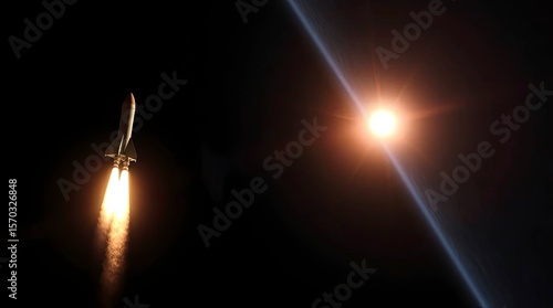 A cinematic view of a rocket in space, illuminated by the moon, exhibiting a sharp contrast between the dark void and the brightly lit rocket