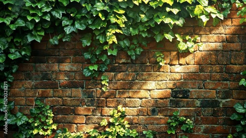 Lush green ivy cascading over a textured brick wall, illuminated by soft sunlight, creating a serene atmosphere