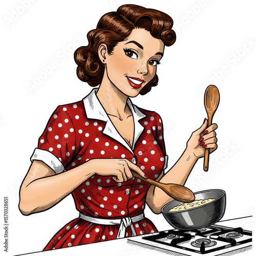 Illustration of Cheerful Retro Housewife Cooking in a Polka Dot Dress