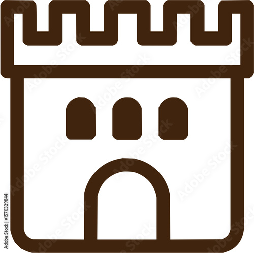 Illustration of a simple brown castle with crenellations and arched entrance and windows design icon