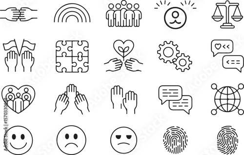 Diversity and inclusion line icon set. Vector pictograms of unity, equality, multicultural collaboration, raised fists, interconnected hands
Keywords:
