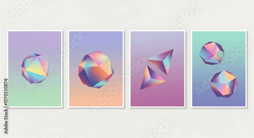Abstract Geometric Posters with Faceted Iridescent Shapes and Muted Pastel Gradients in Lavender, Green, Peach, Pink, and Blue
