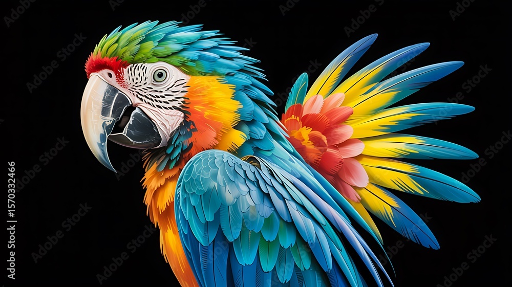 Obraz premium Blue parrot close up with colorful feathers and black background 