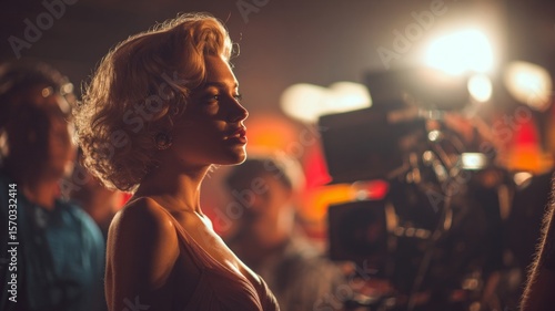 A Starlet's Limelight: A glamorous blond woman with retro curls, dressed in classic Hollywood fashion, bathed in the camera flash on a film set, embodying timeless beauty and drama.