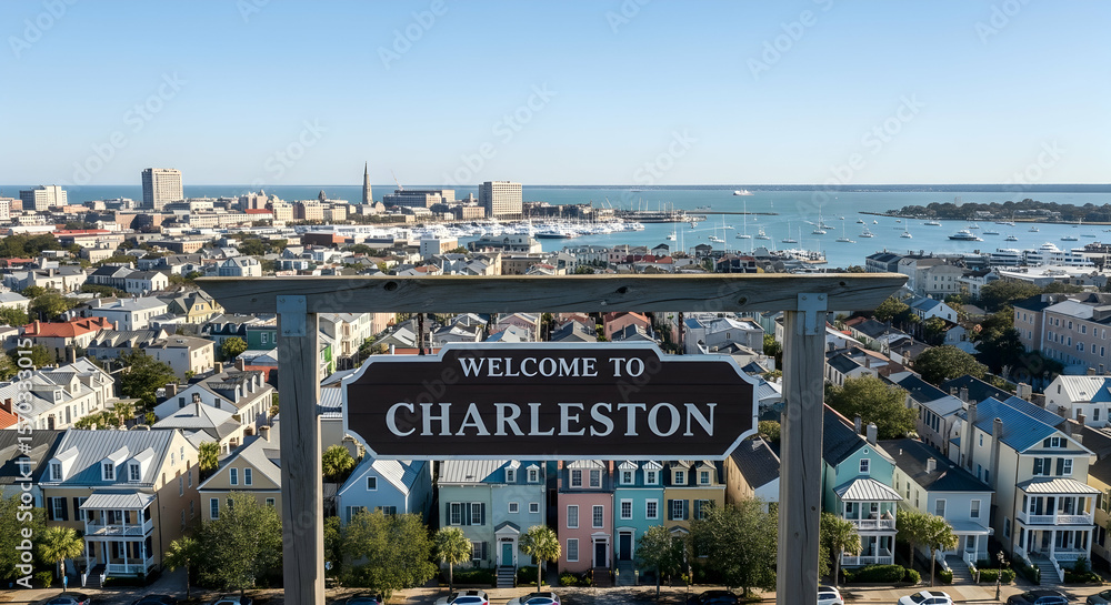 Obraz premium Scenic Charleston Cityscape Overlooking Colorful Houses And Waterfront With Welcome Sign