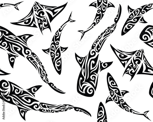 Maori Polynesian indigenous Pattern Background Wallpaper Vector Whale Shark Ray