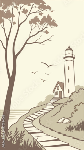 White lighthouse tower on a summer island coast, a beacon of light in the sea and sky
