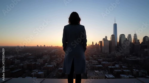 Silhouette of a Woman at Sunrise Over NYC Skyline