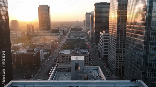 Helicopter on Rooftop at Sunrise, Cityscape Panorama