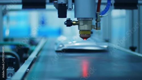 A quality control laser scanning over a product on a conveyor belt, verifying it.