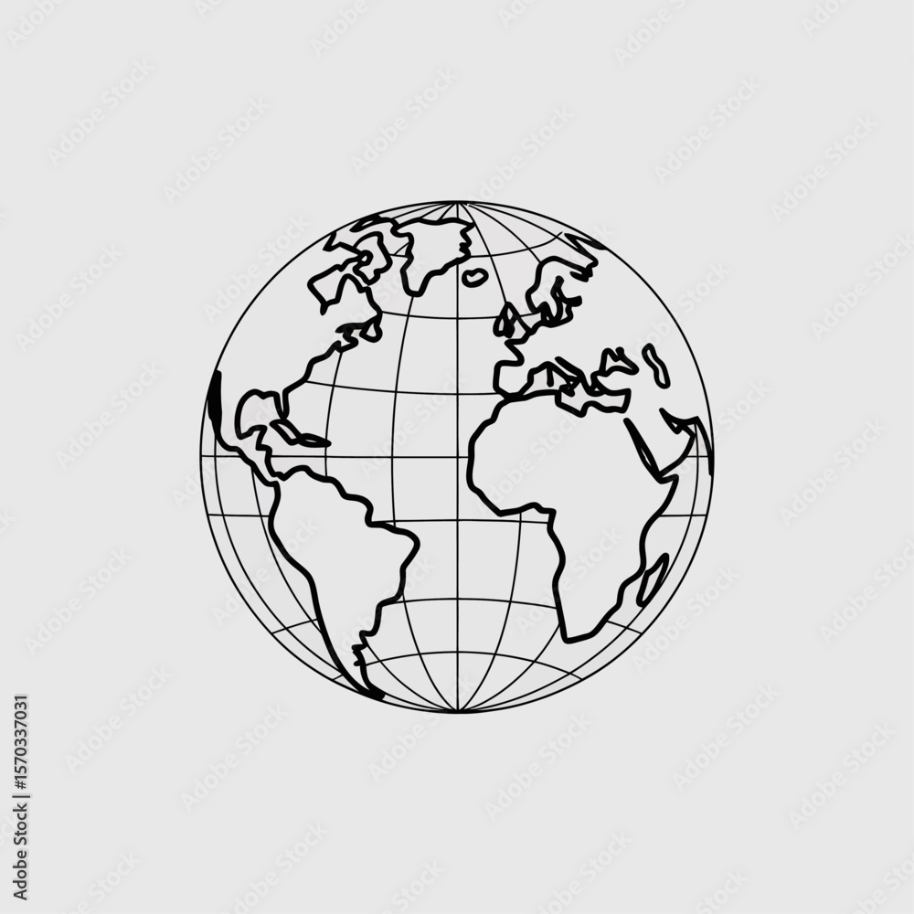 Obraz premium World Globe Icon: A minimalistic grayscale illustration of a globe, featuring the continents and a grid, representing global interconnectedness and the world. 