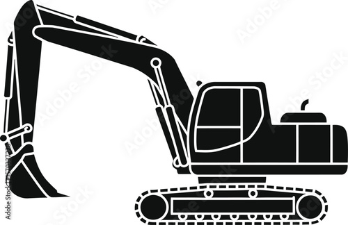 A powerful black and white illustration of an excavator, ready for digging and construction work.