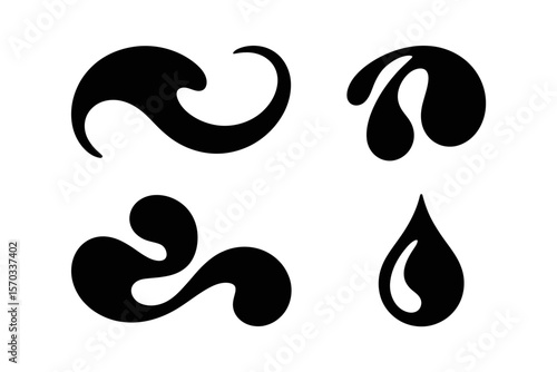 Abstract Ink Blot Collection: A collection of stylized vector ink blots in black on white, graphic resource providing artistic flair.