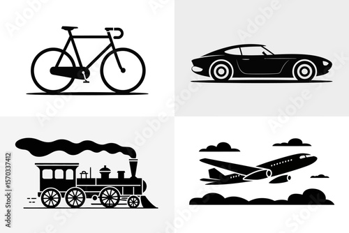 Transportation Icons in Black and White: Set of monochrome transportation icons including a bicycle, a classic car, a train, and an airplane, perfect for a variety of design and informational needs.
