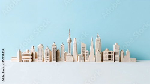 Minimalist papercraft city skyline in soft colors