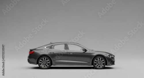 Modern Car in Profile: A sleek grey sedan in profile showcases its aerodynamic design. The car sits poised against a soft grey canvas, embodying modern automotive elegance.