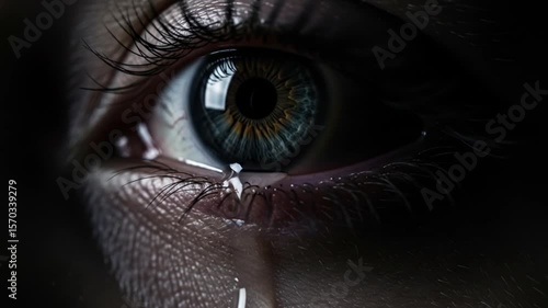 Close-up of a Crying Eye with Tears Flowing Down the Face in a Dark Setting