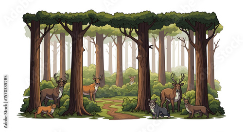 Illustration of a dense forest with tall trees and several deer and dog like animals standing around it