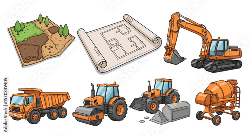 Illustration showing a construction site with various construction vehicles and a blueprint displayed nicely