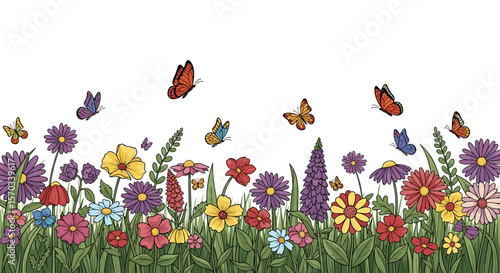 Illustration of a vibrant meadow filled with colorful flowers and butterflies fluttering above them in the air