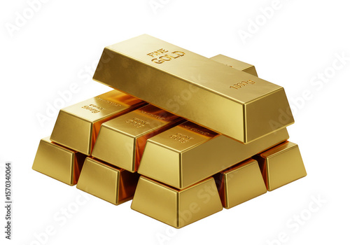 Isometric 3D Rendering Golden Gold Ingots Stacked on Transparent Background