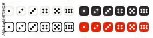 Game dice Icon with side of cube from one to six number. Set of black icon sided for gamble. Dot on cube of casino. Vector illustration.