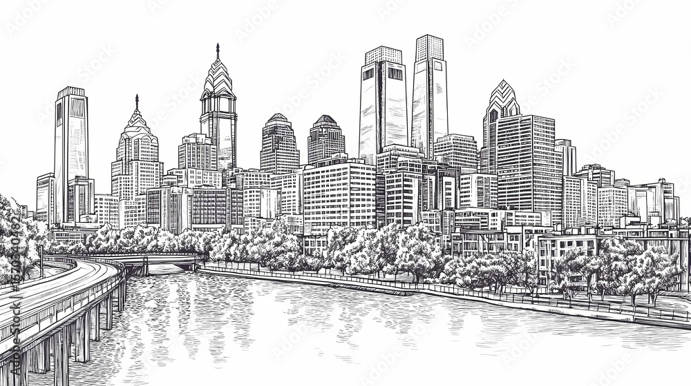 Fototapeta premium Hand drawn sketch of a city skyline with trees and a river.