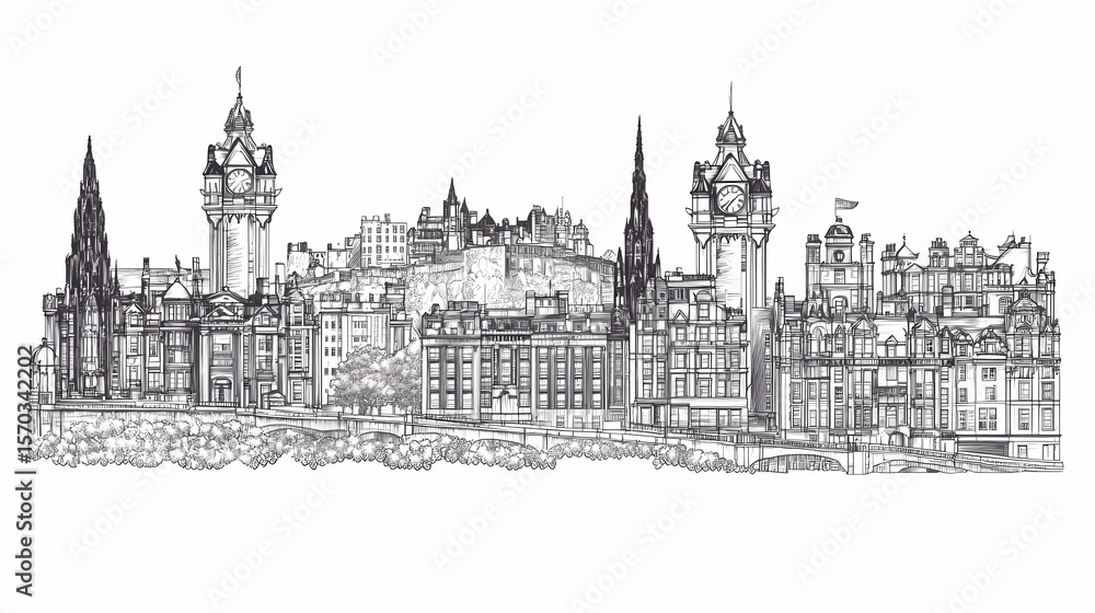 Fototapeta premium Detailed line drawing of edinburgh's skyline.