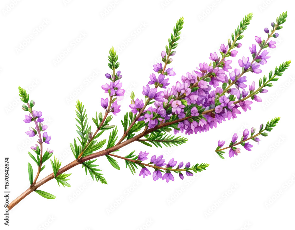 Obraz premium Watercolor Illustration of Heather Branch with Purple Flowers, isolated on transparent background PNG