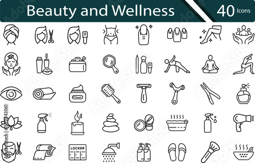 Beauty and Wellness Line Icons for Spa, Skincare, Yoga, and Self-Care Routines.