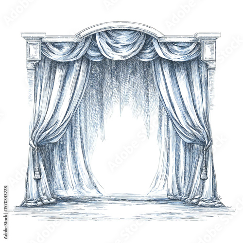 Elegant draped curtains with a gothic opening are depicted in a vintage hand-drawn style illustration on a transparent background, silhouette