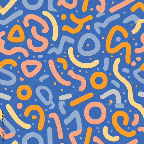 Abstract Seamless Pattern Colorful Doodle Shapes on Blue Background