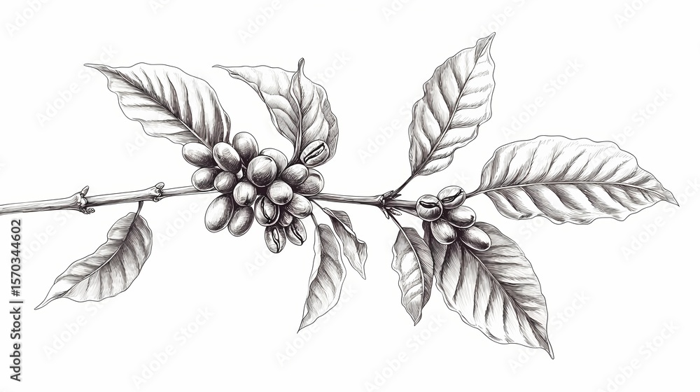 Fototapeta premium Detailed illustration of coffee branch with beans and leaves.