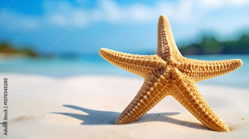 Close Up Starfish Standing On White Sand Beach With Turquoise Ocean And Blue Sky Close Up Starfish Standing On White Sand Beach With Turquoise Ocean And Blue Sky