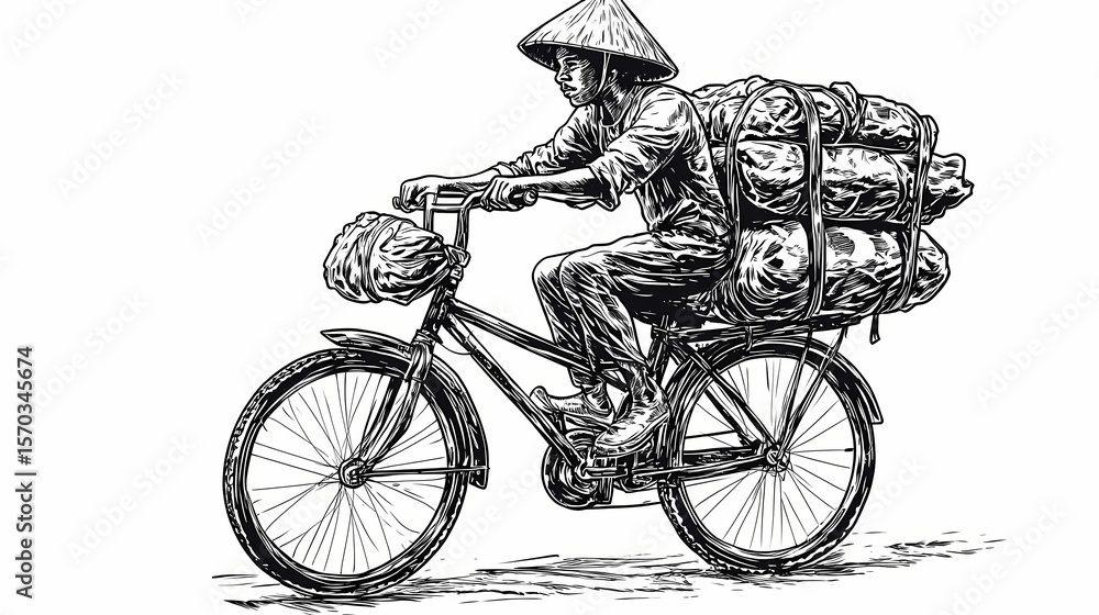 Obraz premium Person on bicycle carrying cargo.