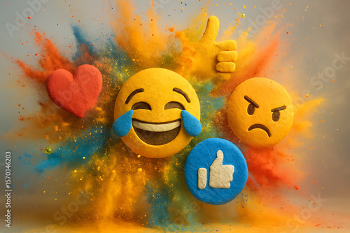 Explosion of emojis made of colored powders exploding on a colorful background
