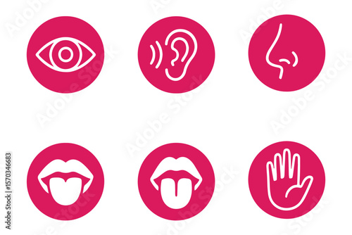 Human senses icon set. Vision eye, smell nose, hearing ear, touch hand, taste mouth with tongue. Simple line icons in circle. Five senses of human nervous system. set of five senses icon